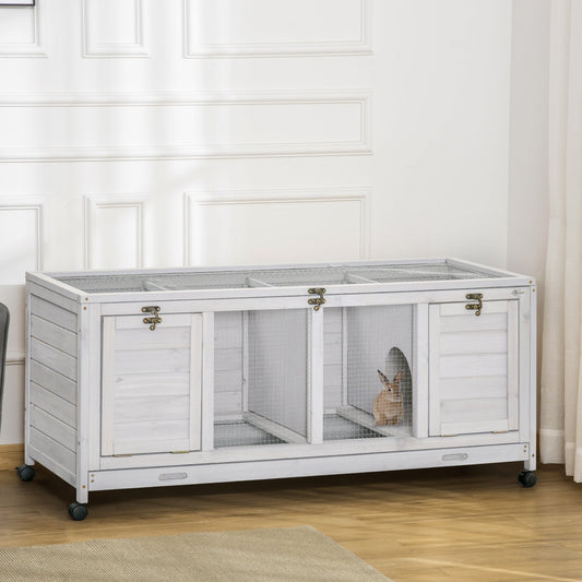 KFX-5864381 Spacious Rabbit Hutch with Wheels and Lockable Doors in Light Gray