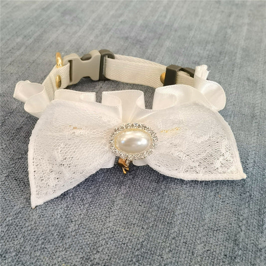 KFX-5868477 Lace and Bowknot Adjustable Pet Collar for Cats - Elegant Short Wedding Dress Style in White