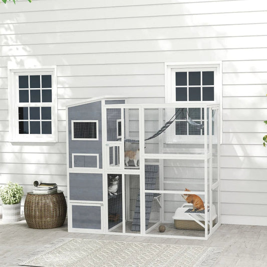 KFX-5870141 Outdoor Cat Enclosure with 4-Tier Design, 3 Platforms, Soft Ladder, Ramps, and Hammock in Gray