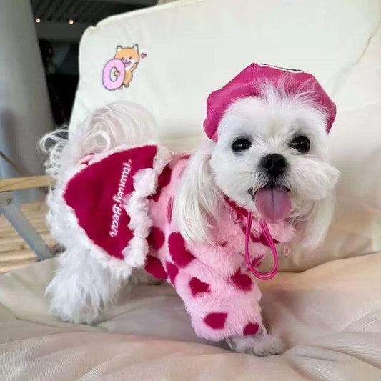 KFX-5882557 Plush Warm Coat for Small Dogs in Pink and Brown, Ideal for Teddy Bichon and Pomeranian