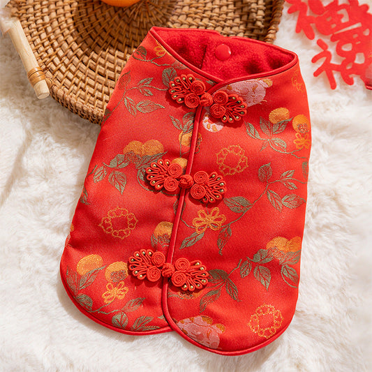 KFX-5892285 Red Floral Cheongsam Pet Vest with Knot Buttons for Lunar New Year Celebrations