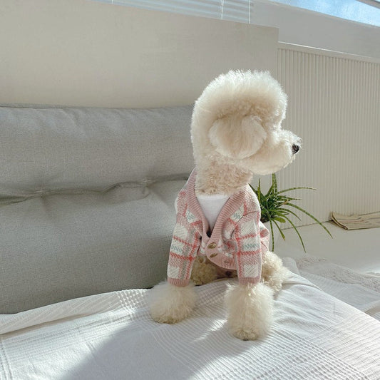 KFX-5899837 Gentle Pink Wool Cardigan Sweater for Small Dogs - Warm and Cozy Winter Wear