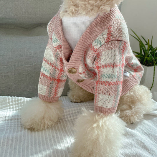 KFX-5899837 Gentle Pink Wool Cardigan Sweater for Small Dogs - Warm and Cozy Winter Wear