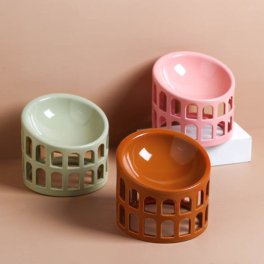 KFX-5905213 Ceramic High-Foot Oblique Neck Pet Bowl in Matcha Green, Retro Brown Red, Sakura Pink