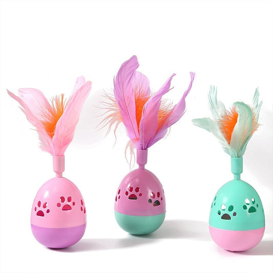 KFX-5928893 Interactive Cat Tumbler Toy with Feathers - Hollow Footprints Design in Pink, Purple, Green