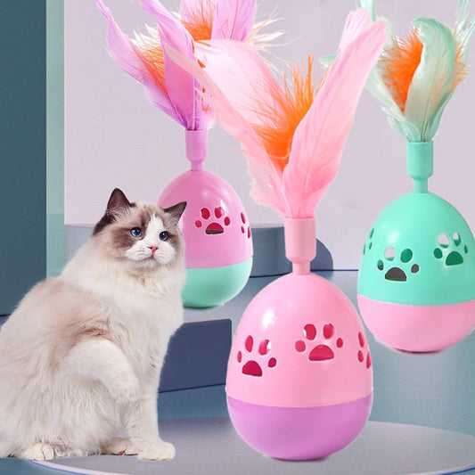 KFX-5928893 Interactive Cat Tumbler Toy with Feathers - Hollow Footprints Design in Pink, Purple, Green