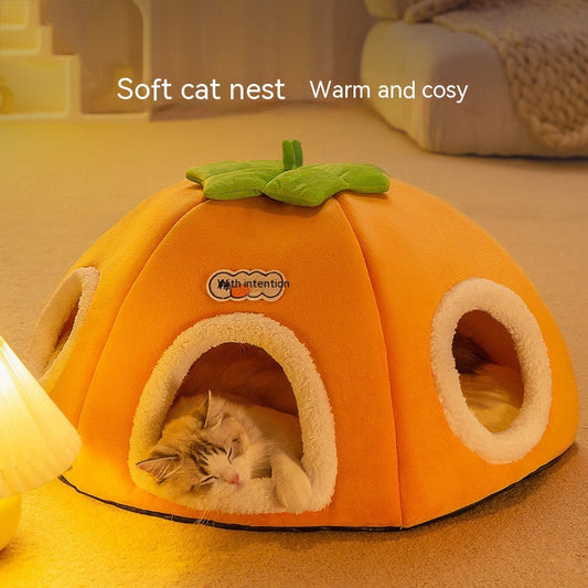 KFX-5947581 Warm Thickened Semi-Enclosed Cat Nest in Lucky Persimmon Color - Available for One to Four Cats