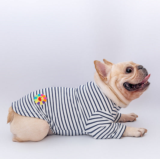 KFX-5948093 Cotton Stretch Dog Pajamas - Blue Striped, Yellow Floral Bow Tie, Multiple Sizes Available