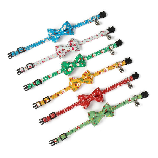 KFX-5972541 Christmas Patterned Bow Tie Dog Collar for Cats, Cloth Material, Size S 28x1.0cm