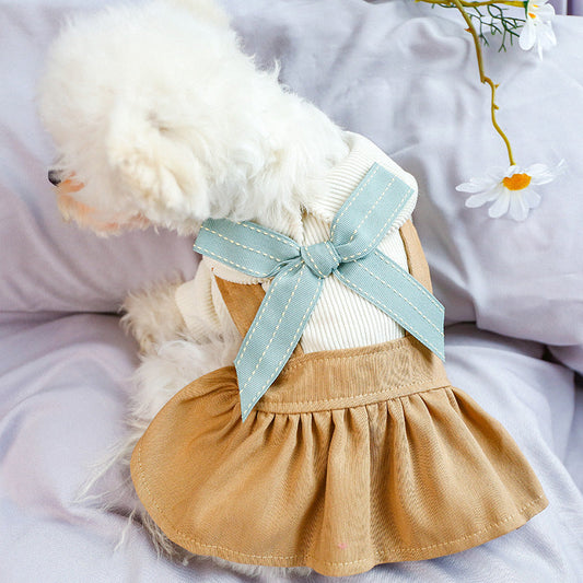 KFX-5990205 Khaki Polyester Bowknot Student Dress for Dogs and Cats - Multiple Sizes Available