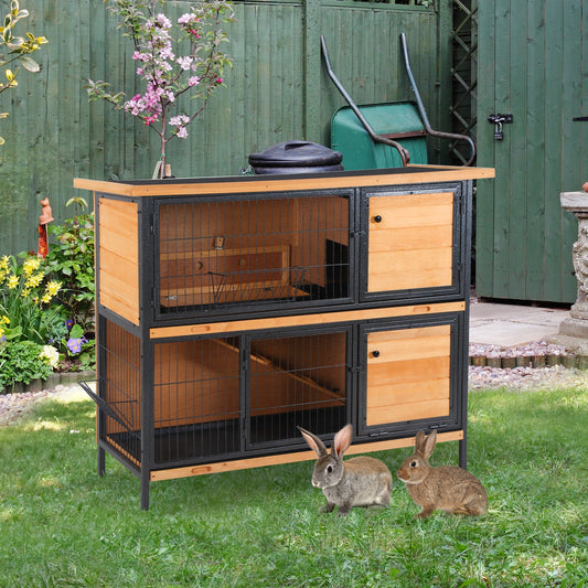 KFX-5995453 Large Outdoor Rabbit Hutch with 2 Levels, Enclosed Space, and Ramp for Small Pets