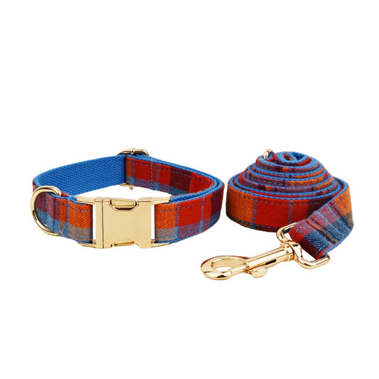 KFX-6007101 Blue Velvet Plaid Dog Collar and Leash Set with Bow - Stylish Pet Accessory