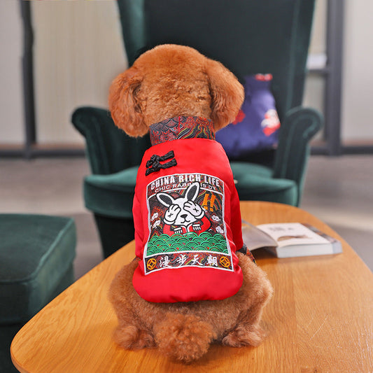 KFX-6011453 Winter Padded Dog Clothing - Cozy Two-Legged Outfit in Red and Blue, Made of Polyester Fiber and Spray Cotton