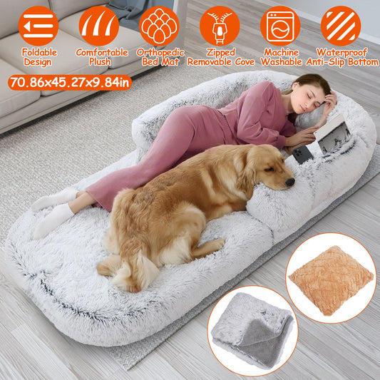 KFX-6017469 Large Foldable Human-Sized Dog Bed with Pillow and Blanket, Removable Zipped Cover, Plush Material, Grey 71x45x10in