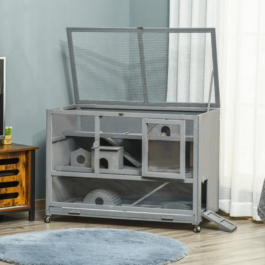 KFX-6028221 3-Tier Hamster Cage with Ladder and Wheels for Small Animals, Slate Grey Fir Wood Structure