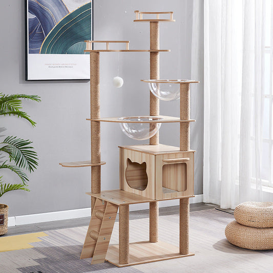 KFX-6033597 Cat Climbing Frame with Nest, Scratch Board & Dustbin - Plush Material, Multiple Colors Available