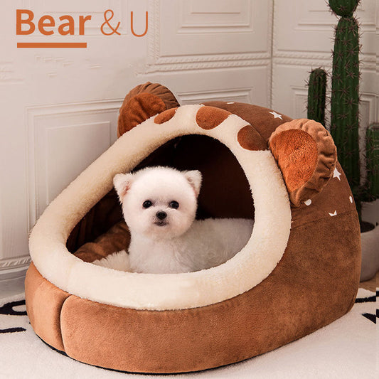 KFX-6040125 Cute Bear Den Pet House - Removable & Washable Dog Bed for Small Pets