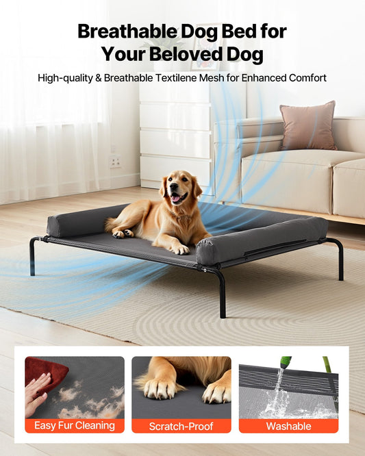 KFX-6083005 Elevated Dog Bed for Large Dogs with Supportive Pillow, Portable Raised Cot in Gray