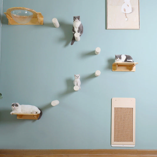 KFX-6099133 Wall-Mounted Solid Wood Cat Rack with Sisal Grab Post in White