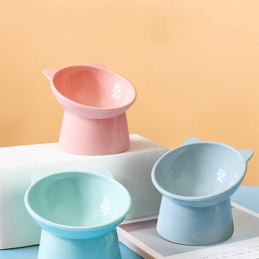 KFX-6111549 Nordic Style High Plastic Cat and Dog Bowl - Oblique Mouth Design in Light Pink, Blue Gray, and Light Green