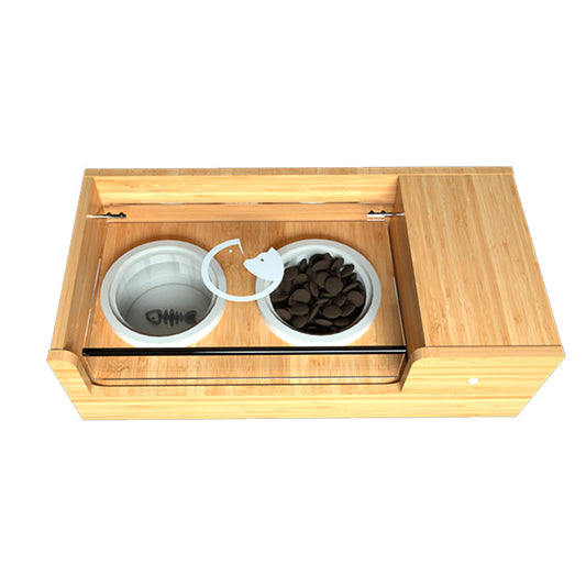 KFX-6144317 Automatic Smart Cat Feeder with Timing and Remote Control - Bamboo and Ceramic Design, 850ML Capacity