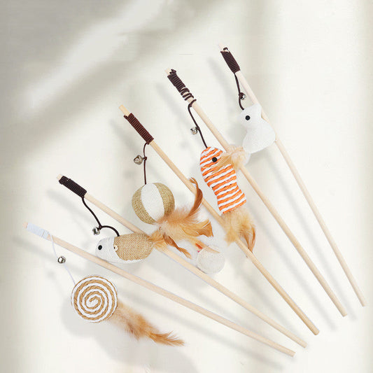 KFX-6171965 Cat Pole Toy with Feather and Bell, 40cm Wooden Teaser for Playtime Fun