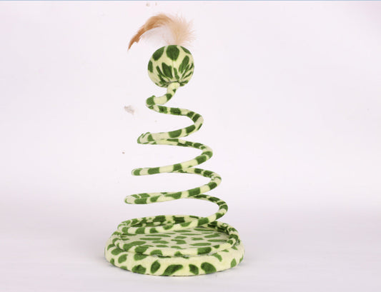 KFX-6176573 Spring Snake Plush Cat Toy with Feather and Ball, Leopard Green, 25 cm Height