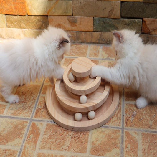 KFX-6189245 Three-Layer Wooden Cat Turntable Toy with Imported Pine Balls, Simple Atmosphere Design