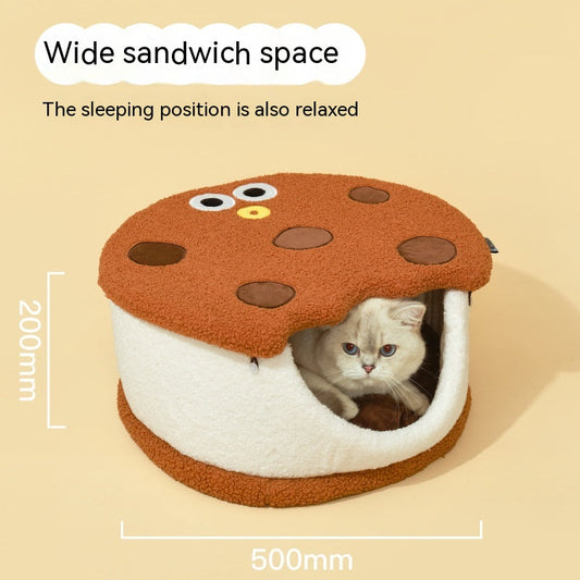 KFX-6213693 Multifunctional Semi-closed Cat Nest in Sandwich Biscuit Shape - Soft Teddy Plush with Sponge Filling