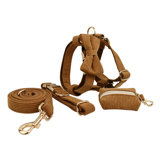KFX-6223421 Caramel Corduroy 5-Piece Pet Collar Set with Bow, Vest, and Poop Bag