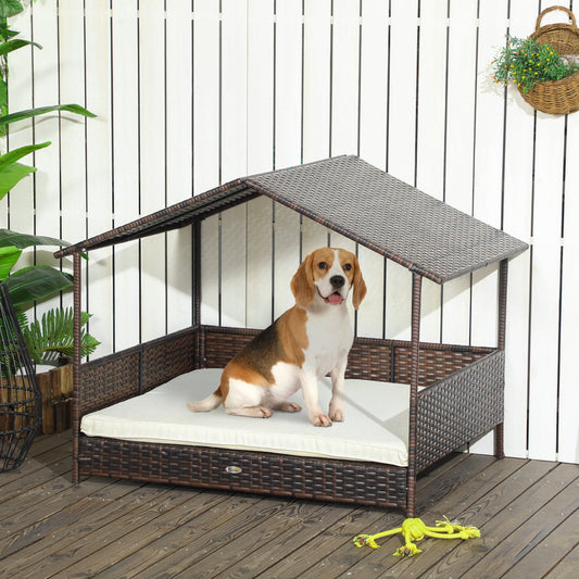 KFX-6241085 Outdoor Dog Bed with Canopy, Rattan House and Soft Removable Cushion for Medium to Large Dogs