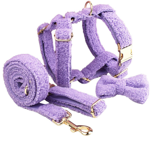 KFX-6243901 Purple Four-Piece Small Dog Accessories Set: Collar, Leash, Bow, and Vest
