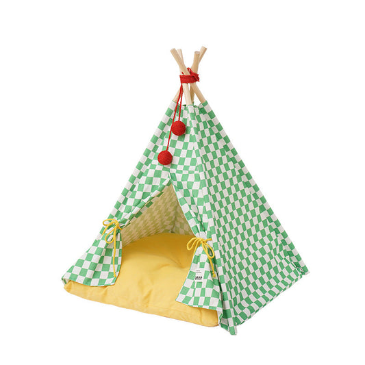 KFX-6252989 All-Season Enclosed Cat Bed with Removable Plush Cushion - Insulated & Washable Design, Green-Check Pattern