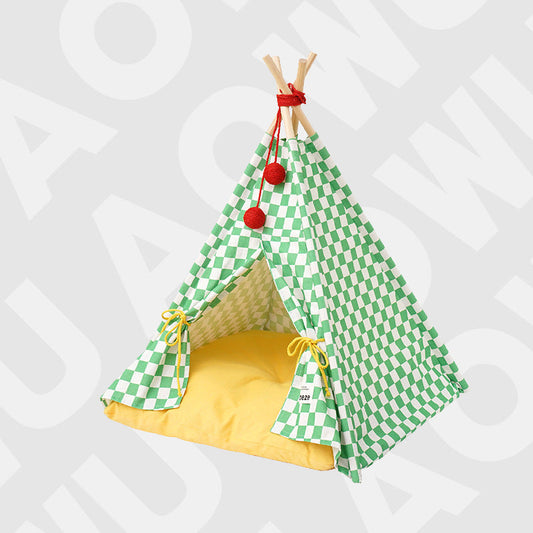 KFX-6252989 All-Season Enclosed Cat Bed with Removable Plush Cushion - Insulated & Washable Design, Green-Check Pattern