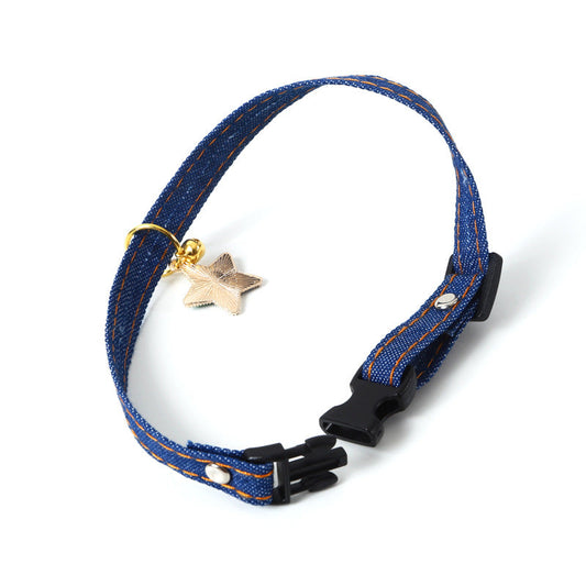 KFX-6261693 Denim Pet Collar with Five-Pointed Star Pendant, Adjustable 17-30cm Size