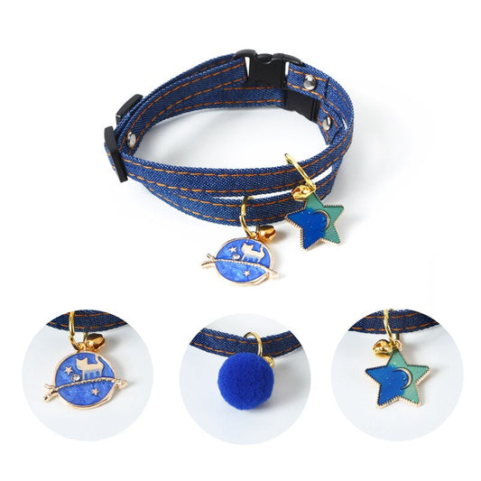 KFX-6261693 Denim Pet Collar with Five-Pointed Star Pendant, Adjustable 17-30cm Size