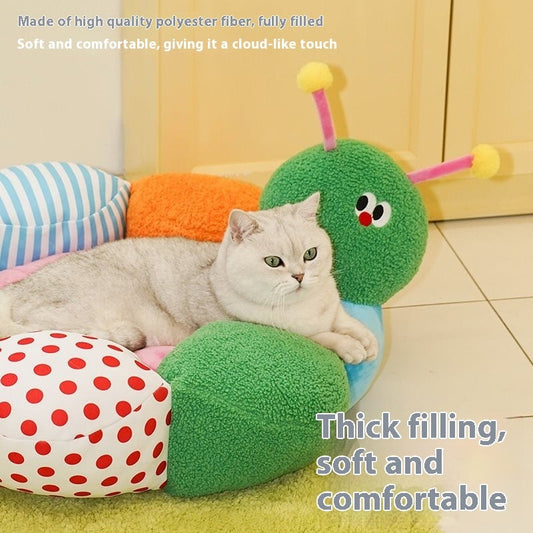 KFX-6281021 Four Seasons Cat Nest Removable & Washable Pet Sofa Bed - Colorful Bugs Design, Flannel & Woven Fabric, Size L68xW64xH30cm