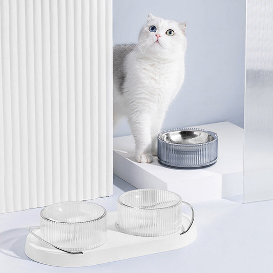 KFX-6281149 Double Cat and Dog Food Bowl in Green and White - Durable Plastic with Zinc Alloy Handle