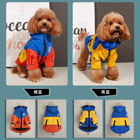 KFX-6283325 Waterproof Warm Dog Jacket for Autumn and Winter – Casual Pet Raincoat in Three-Color Stitching