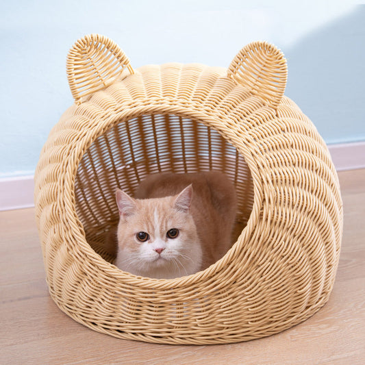 KFX-6290749 Hand-Knitted Semi-Enclosed Cat House - Imitation Rattan Nest in Various Colors and Sizes