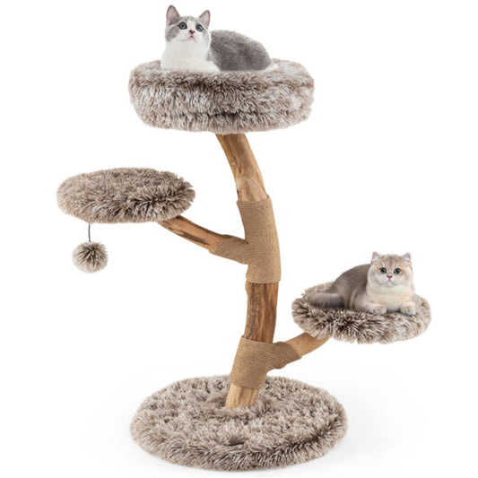 KFX-6295741 Multi-Level Natural Pear Wood Cat Tree with Sisal Scratching Posts and Plush Balls