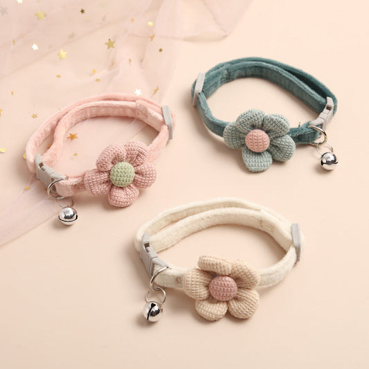 KFX-6321469 Cute Cartoon Flower Pattern Pet Collar in Apricot, Sky Blue, Dark Green, Light Pink - Adjustable Size (22-29cm)