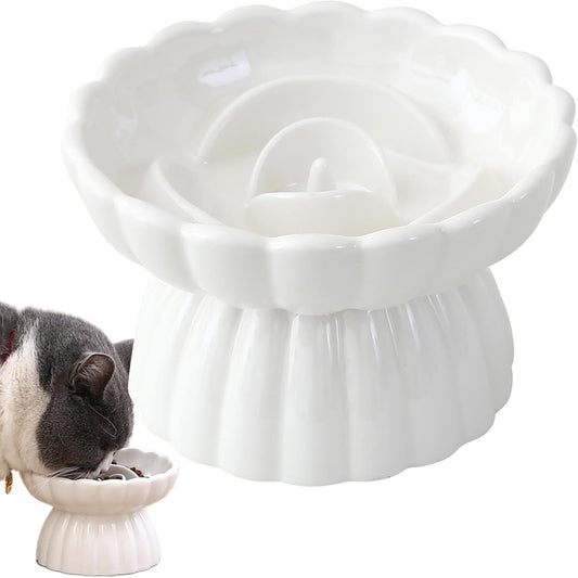 KFX-6331197 Elevated Ceramic Slow Feed Bowl for Cats and Small Dogs, Flower Pool Design with Raised Edges