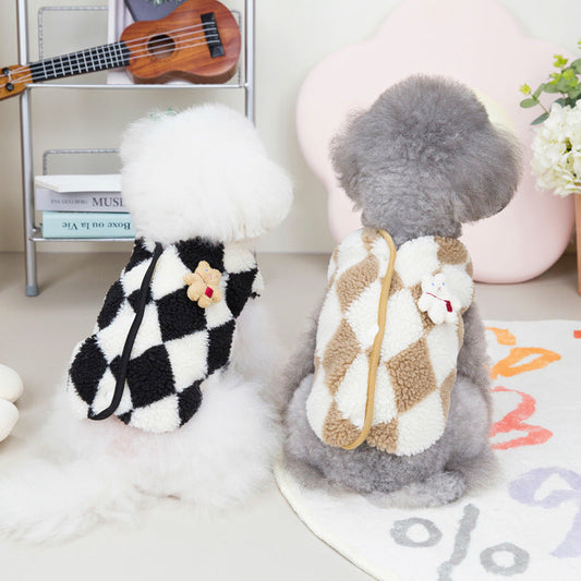 KFX-6350653 Plush Checkerboard Pet Vest for Cats and Dogs - Warm Autumn Winter Cotton Coat in Brown and Black