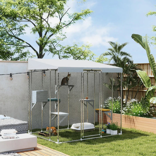 KFX-6369213 Spacious Galvanized Steel Catio with Waterproof Canopy and Jumping Platforms for 1-3 Kittens