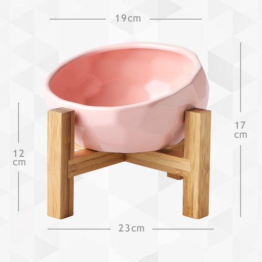 KFX-6406461 Ceramic Cat and Dog Double Bowl with Bamboo Wood Stand - Ergonomic Design for Healthy Eating