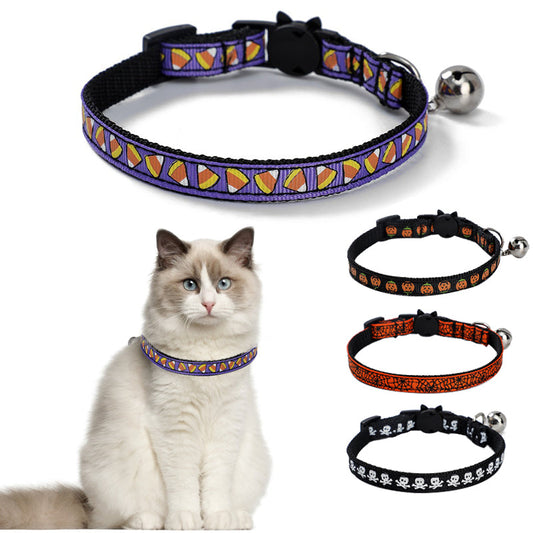 KFX-6408253 Halloween-Themed Cat Collar in Multiple Patterns: Spider Web, Skull, Candy, Pumpkin - Adjustable Size S (1.0*28cm)