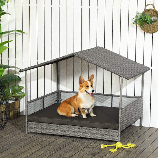 KFX-6410685 Charcoal Gray Rattan Outdoor Dog Bed with Canopy and Comfortable Cushion for Medium to Large Dogs