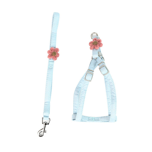 KFX-6433085 Dog Flower Traction Rope with Chest and Back Harness - Pink and Blue Options, Polyester Material