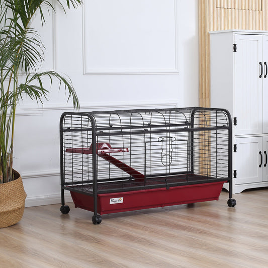 KFX-6448445 Multi-Level Small Animal Cage with Ramp and Feeder - Ideal for Rabbits and Guinea Pigs, Portable with Wheels